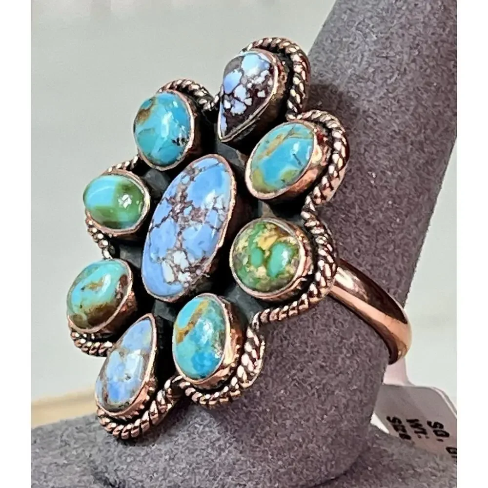 Golden Hills Mojave Sonoran Gold Turquoise Copper Cluster Statement Ring Adj Sz